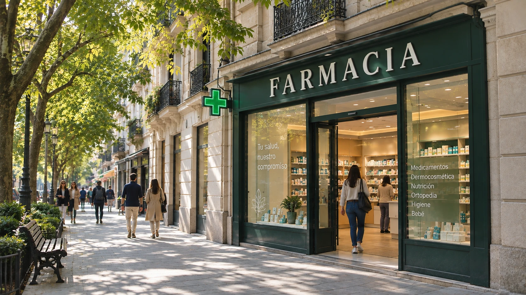 Fachada de una farmacia en una calle de Madrid